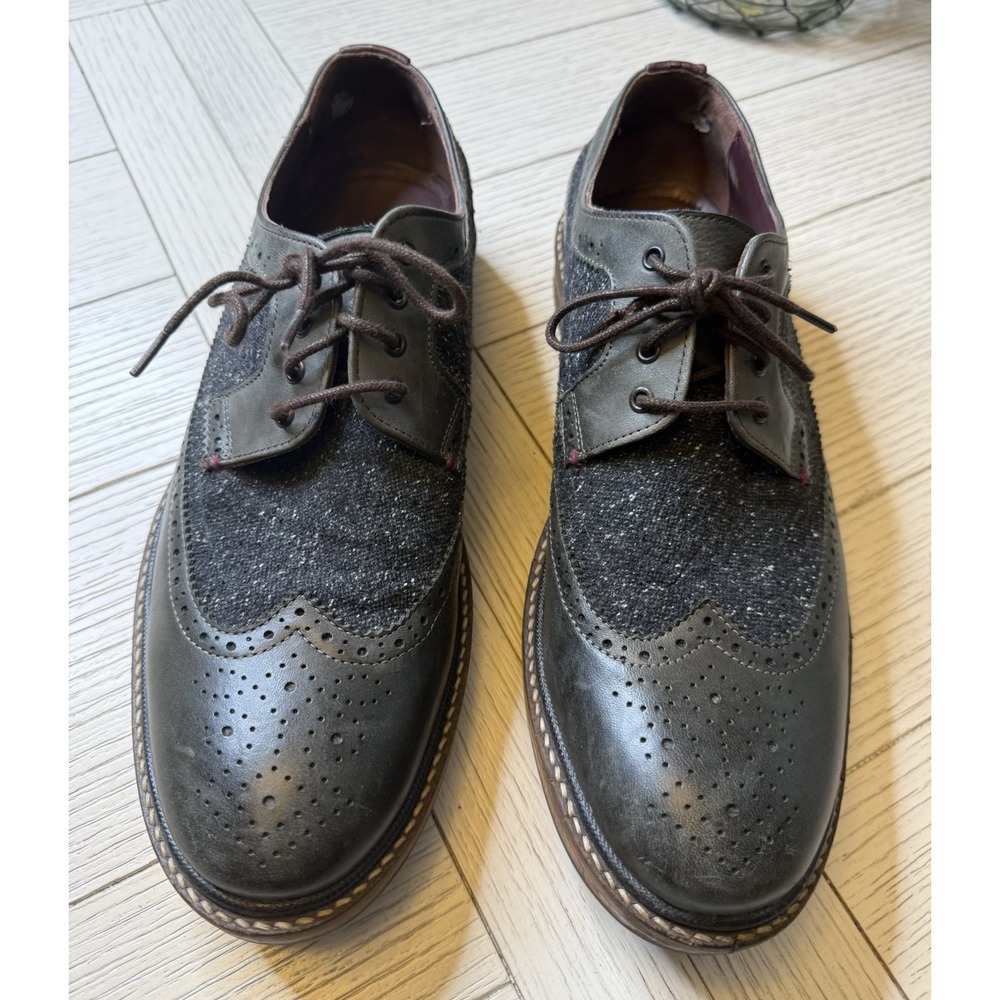 Ted Baker Casbo Olive Green Leather Navy Textured Fabric Lace Up Wingtip Shoe 44